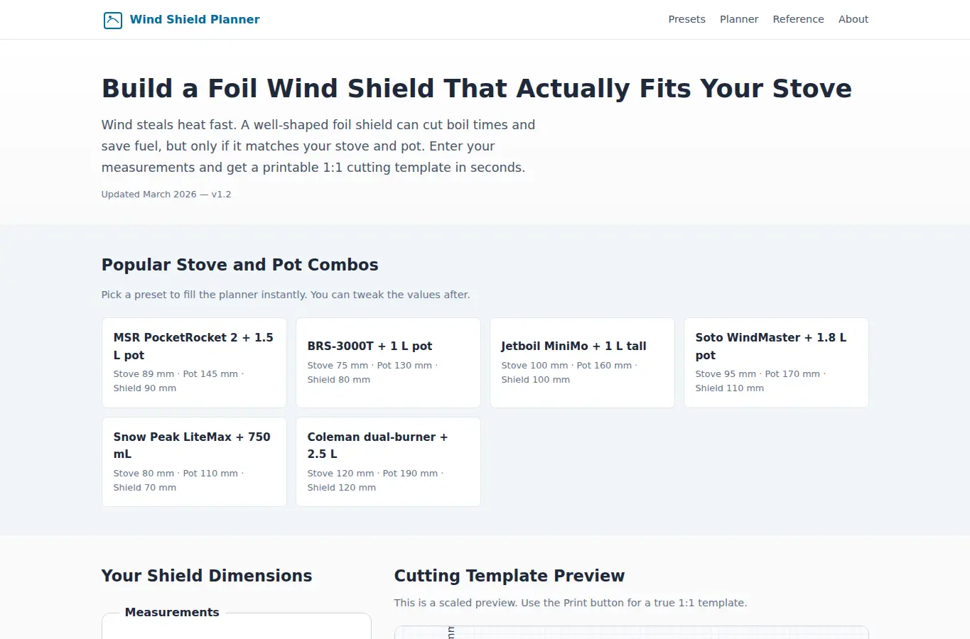 Screenshot of Camp Stove Wind Shield DIY Planner interface showing the project page in use